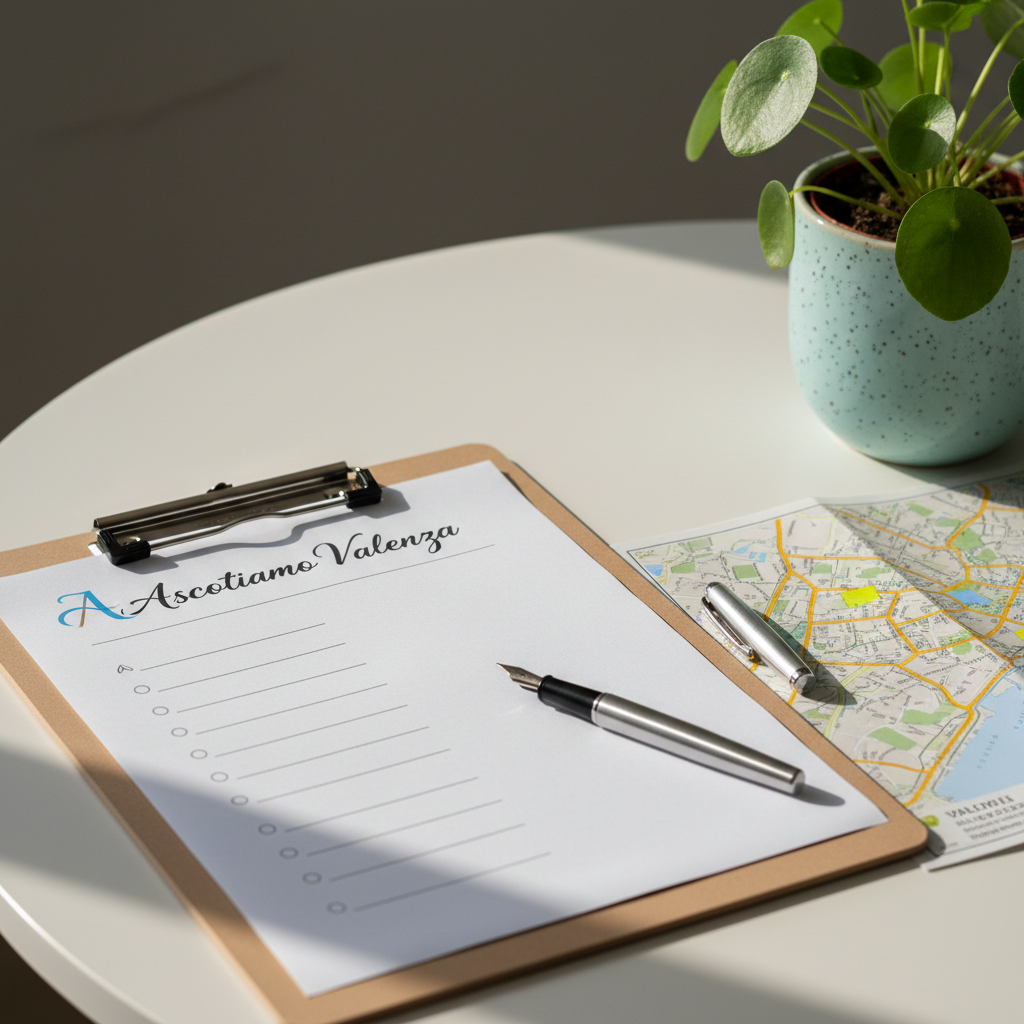 A close-up of a clipboard resting on a simple, modern white table, holding a printed survey titled “Ascoltiamo Valenza” in elegant Italian typography. Beside it, a high-quality pen, a neatly folded map of Valenza with highlighted neighborhoods, and a small plant in a ceramic pot suggest sustainability. Soft, diffused morning light comes from the left, creating delicate shadows and a calm, inviting atmosphere. The photographic composition uses shallow depth of field, focusing sharply on the survey title and pen tip, while the map and plant softly blur, symbolizing citizen participation, listening to diverse viewpoints, and active involvement in shaping the city’s future, all without depicting any people.