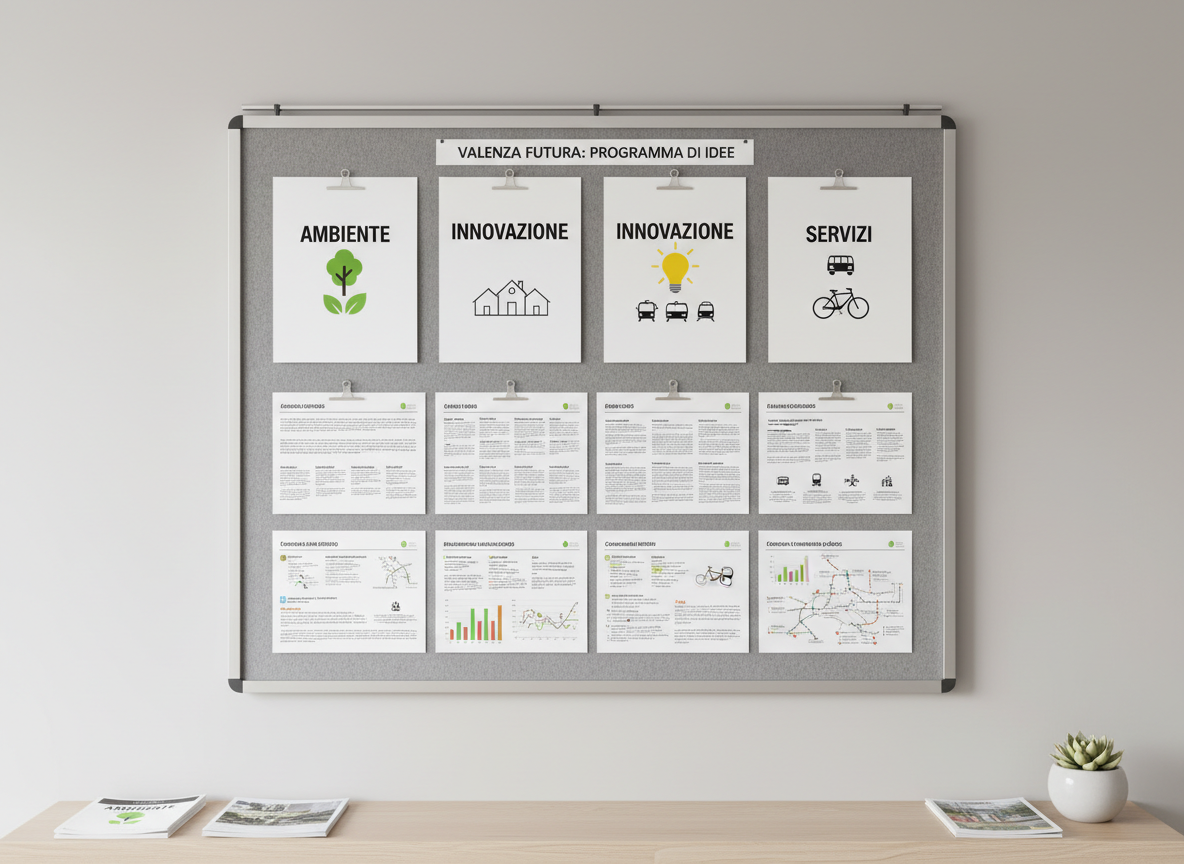 A clean, contemporary infographic-style bulletin board mounted on an interior wall, displaying printed sheets labeled “Ambiente”, “Innovazione”, “Quartieri”, and “Servizi” in Italian, each accompanied by simple iconography such as trees, lightbulbs, houses, and public transport symbols. Push pins and slim metal clips hold the pages in precise, aligned rows. Neutral-toned walls and a light wooden ledge below enhance a professional aesthetic. Soft, even studio lighting eliminates harsh shadows, creating a clear, readable photographic image. Shot straight-on with sharp focus across the entire frame, the scene conveys a structured, transparent program of ideas for Valenza’s future, emphasizing clarity, sustainability, and concrete proposals, all without showing any people.