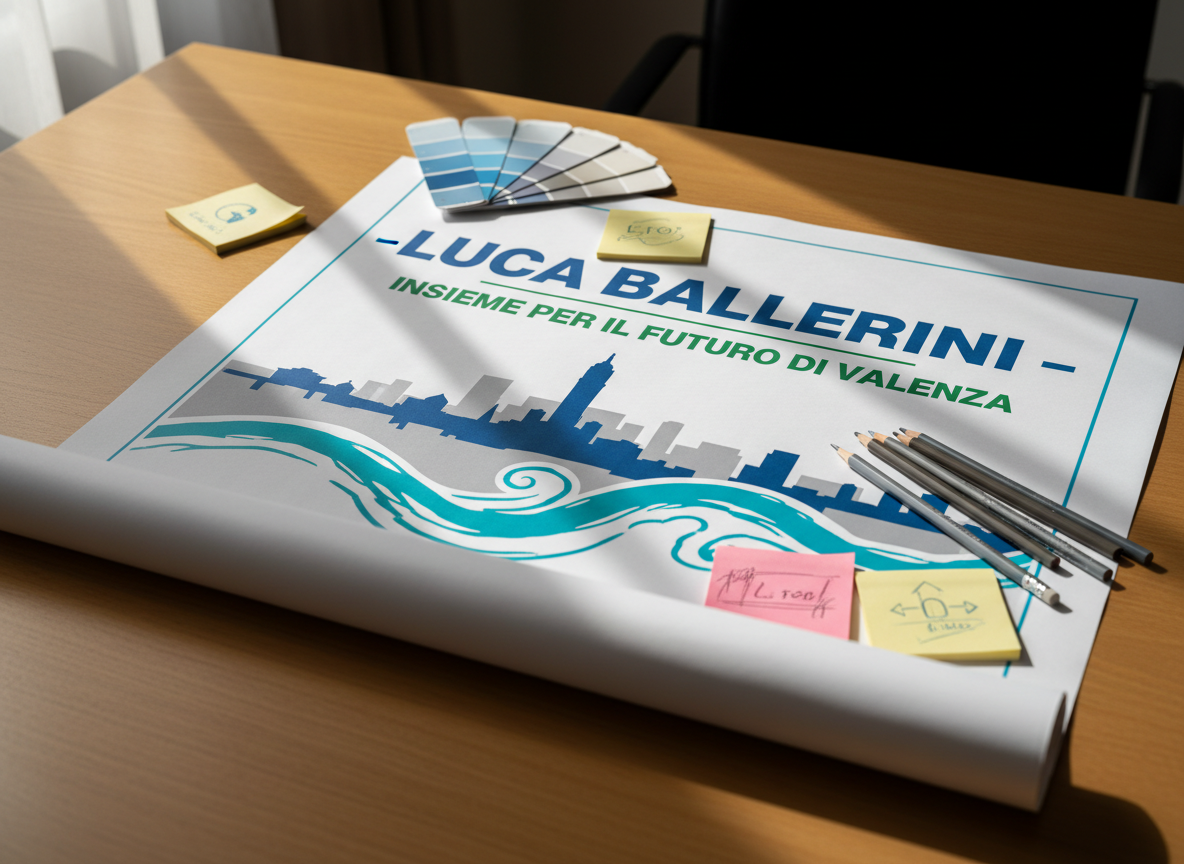 A large, detailed electoral campaign poster laid flat on a clean wooden desk, featuring the name “Luca Ballerini – Insieme per il futuro di Valenza” in bold, modern typography above a stylized outline of the city skyline and the Po River. Around the poster rest neatly arranged color swatches, graphite pencils, and sticky notes with tiny, unreadable sketches, suggesting careful planning. Soft daylight from a nearby window washes over the scene, creating gentle highlights on the glossy paper and subtle shadows from the stationery. Photographic realism with a professional, clean aesthetic, captured from a slightly elevated angle with sharp focus, conveying a sense of organized, forward-looking local politics without showing any people.