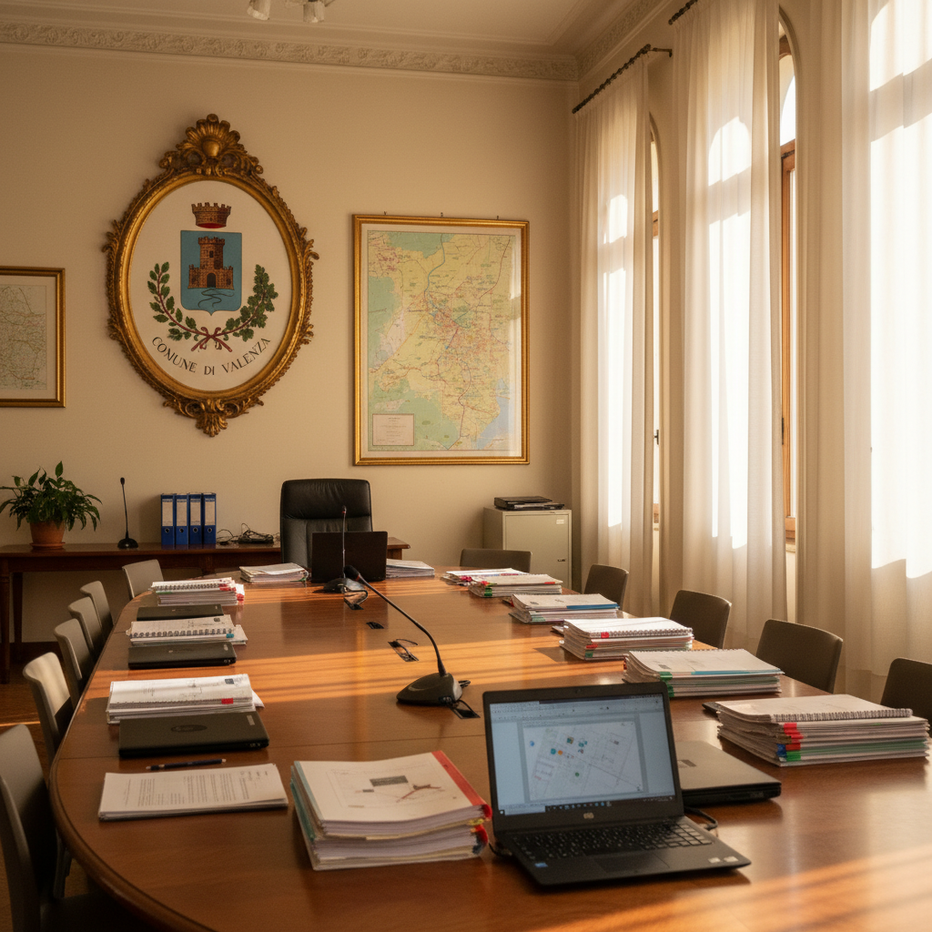 An orderly municipal meeting room with a central oval wooden table covered in neatly stacked documents, open laptops, and a single microphone placed at the focal point. On the far wall hangs a large, framed emblem of Valenza and a map of the surrounding territory, both rendered with precise detail. Natural afternoon light filters through tall windows with sheer curtains, creating soft, directional light and calm shadows across the table’s surface. The photographic scene is captured at eye level, using a moderate depth of field that keeps the table and wall elements sharp, while the background corners gently blur, evoking professional, transparent local governance and thoughtful civic planning, without any people present.