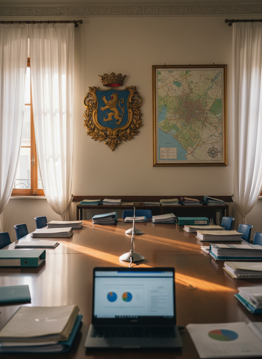An orderly municipal meeting room with a central oval wooden table covered in neatly stacked documents, open laptops, and a single microphone placed at the focal point. On the far wall hangs a large, framed emblem of Valenza and a map of the surrounding territory, both rendered with precise detail. Natural afternoon light filters through tall windows with sheer curtains, creating soft, directional light and calm shadows across the table’s surface. The photographic scene is captured at eye level, using a moderate depth of field that keeps the table and wall elements sharp, while the background corners gently blur, evoking professional, transparent local governance and thoughtful civic planning, without any people present.