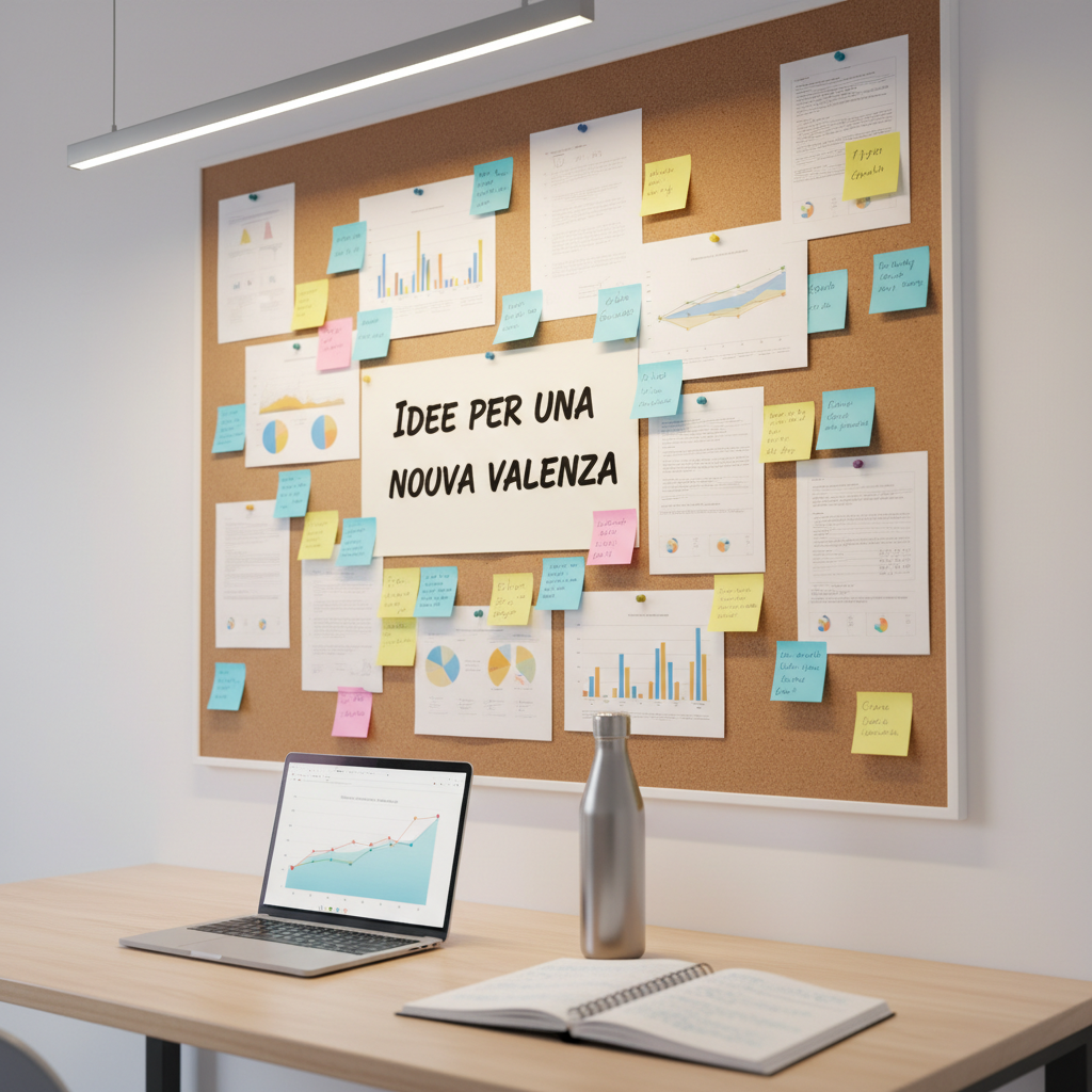 A modern, minimalist campaign workspace featuring a large corkboard on a white wall, densely covered with colorful sticky notes, printed charts, and a central sheet reading “Idee per una nuova Valenza” in confident lettering. Below, a sleek desk holds a laptop showing a graph, a reusable water bottle, and a notebook with handwritten annotations slightly out of focus. Warm, indirect artificial lighting from a ceiling fixture creates an even, professional glow, with soft shadows adding depth. Shot in photographic realism from a three-quarter angle, the composition follows the rule of thirds, leading the eye from the corkboard’s ideas down to the tools of organization, communicating innovation, sustainability, and strategic planning, with no people visible.