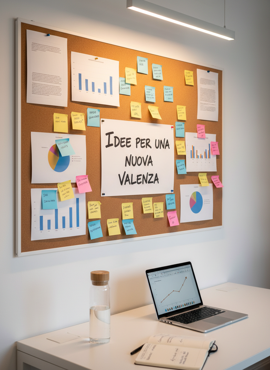 A modern, minimalist campaign workspace featuring a large corkboard on a white wall, densely covered with colorful sticky notes, printed charts, and a central sheet reading “Idee per una nuova Valenza” in confident lettering. Below, a sleek desk holds a laptop showing a graph, a reusable water bottle, and a notebook with handwritten annotations slightly out of focus. Warm, indirect artificial lighting from a ceiling fixture creates an even, professional glow, with soft shadows adding depth. Shot in photographic realism from a three-quarter angle, the composition follows the rule of thirds, leading the eye from the corkboard’s ideas down to the tools of organization, communicating innovation, sustainability, and strategic planning, with no people visible.
